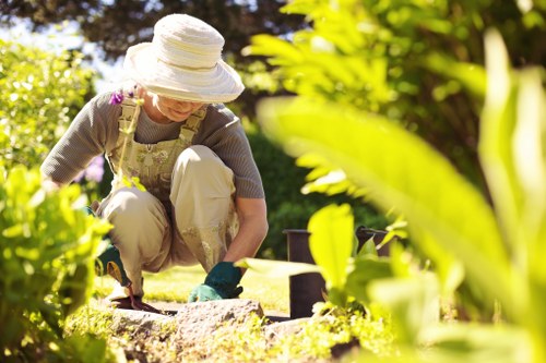 In a well-maintained front garden, a woman wearing a large straw hat, glasses, a light beige apron, and gardening gloves is kneeling on the grass, engaged in planting or tending to a flower bed surrounded by lush green foliage. The garden features a neatly trimmed lawn, vibrant green shrubs, and flowering plants with some purple blossoms visible, all set within a landscaped outdoor space that appears to be part of a residential property in Neasden. The scene is illuminated by natural sunlight, suggesting a bright day with clear weather, and the garden layout includes a border of soil and mulch around the planted area, with paving stones or edging materials subtly visible. The well-organized garden reflects professional landscaping efforts by Landscapers Neasden, aimed at creating a visually appealing and functional outdoor environment, suitable for ongoing gardening maintenance and landscaping services. The background includes trees and additional plantings, contributing to a natural, inviting atmosphere in this landscaped yard in northwest London, demonstrating attention to detail in garden design and plant care typical of local gardening expertise.